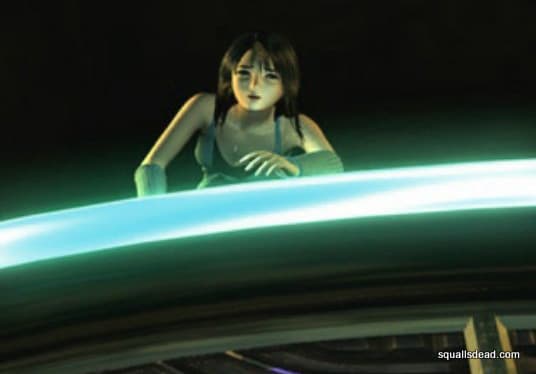 Rinoa reaches out to Squall as he falls from the parade float.